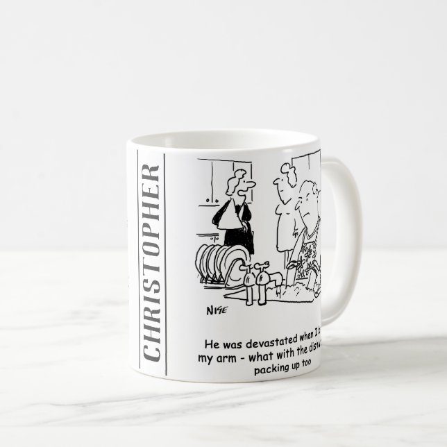 Woman has Broken Arm so Man Washes Dishes. Funny Coffee Mug (Front Right)