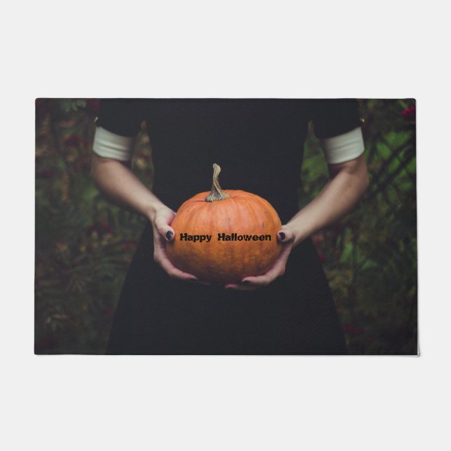 Woman Holding a Halloween Pumpkin Doormat (Front)