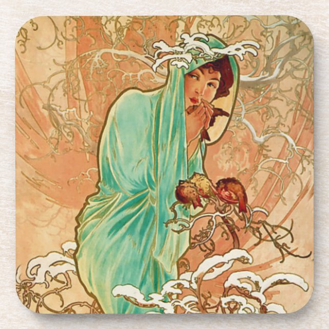 Woman Holding Bird in Golden Snow Covered Tree Coaster (Front)