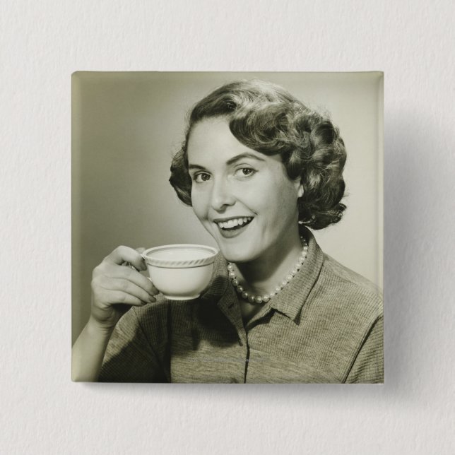Woman Holding Cups 2 Inch Square Button (Front)