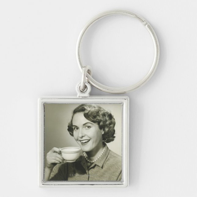 Woman Holding Cups Keychain (Front)