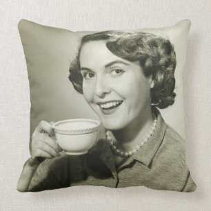 Woman Holding Cups Throw Pillow