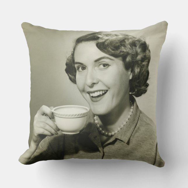 Woman Holding Cups Throw Pillow (Front)