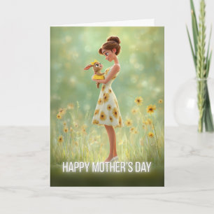 Woman Holding Cute Bunny in Yellow: Mother's Day Card