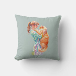 Woman Holding Fluffy Orange Maine Coon Cat Throw Pillow