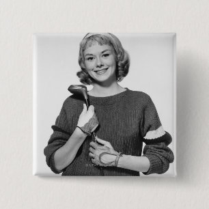 Woman Holding Golf Club 2 Inch Square Button