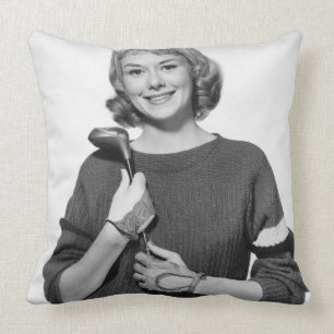 Woman Holding Golf Club Throw Pillow