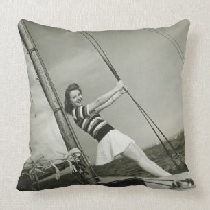 Woman Holding Rigging on Yacht Throw Pillow