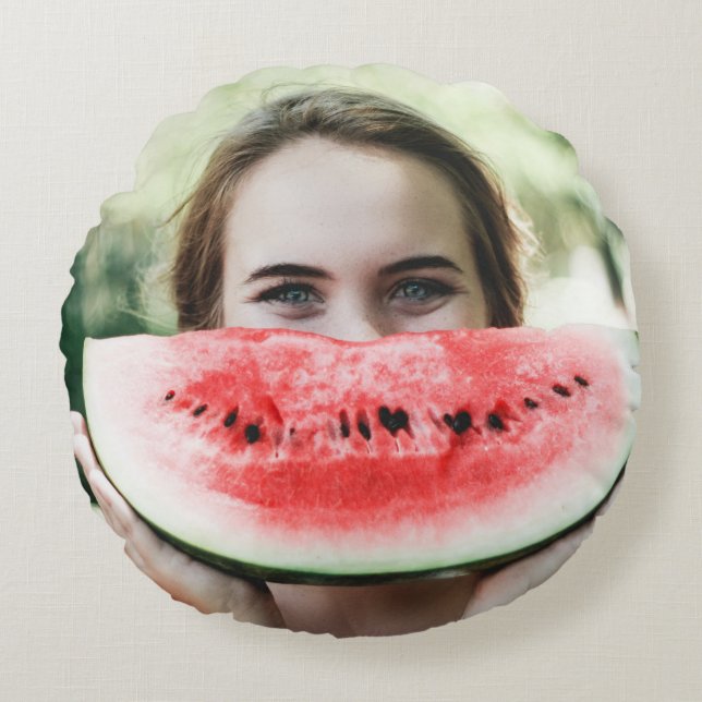 Woman holding sliced watermelon round pillow (Front)