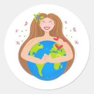 Woman hugging planet Earth Classic Round Sticker