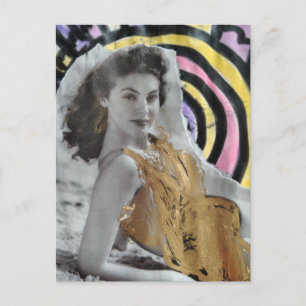 Woman in 1939 on the beach collage art postcard