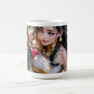  woman in a gold dress holding a red rose in front magic mug