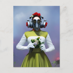 Woman in a green and white dress and a gas mask postcard