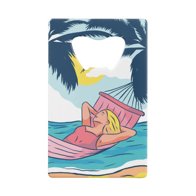 Woman in a Hammock at Beach Credit Card Bottle Opener (Back)