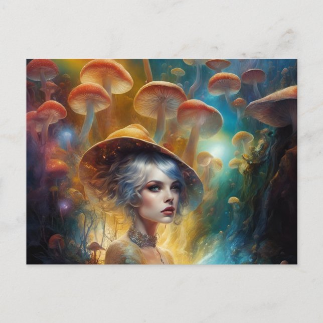 Woman in a magical fantasy mushroom forest postcard (Front)