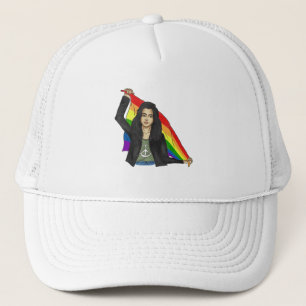Woman in a Peace T-shirt With a Rainbow Flag LGBTQ Trucker Hat
