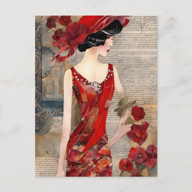 Woman in a Red Dress Mixed Media Postcard (Front)