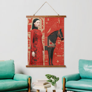Woman in a red flowered dress & black horse hanging tapestry