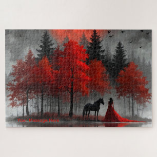 Woman in a Red Gown with Black Horse Jigsaw Puzzle