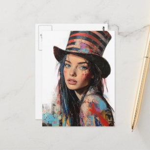 Woman in a Tophat Colorful Mixed Media Collage Postcard