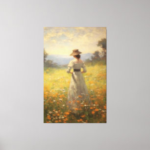 Woman in a Vibrant Wildflower Meadow Oil Painting Canvas Print