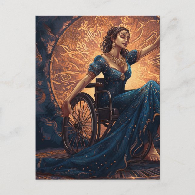 Woman in a wheelchair dancing joyfully postcard (Front)