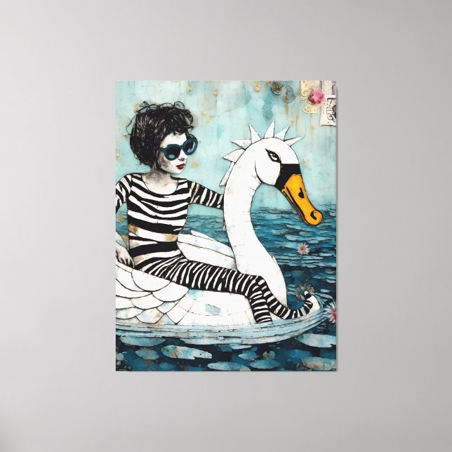 Woman in a Zebra Striped Outfit Floating on a Swan Canvas Print (Front)