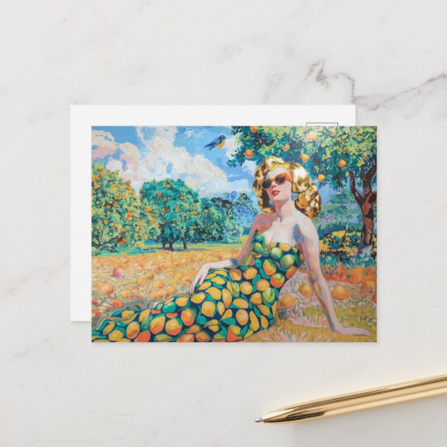 Woman in an Orange Grove Postcard (Front/Back In Situ)
