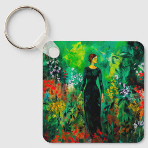 Woman in Beautiful Green Meadow Keychain