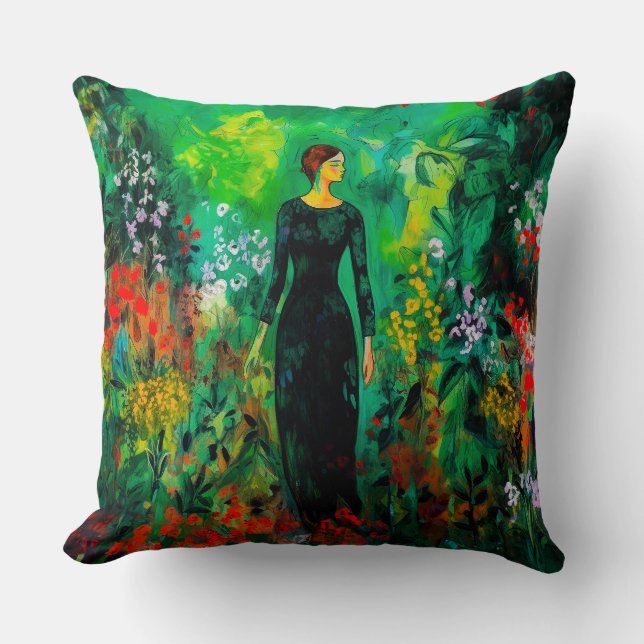 Woman in Beautiful Green Meadow  Throw Pillow (Front)