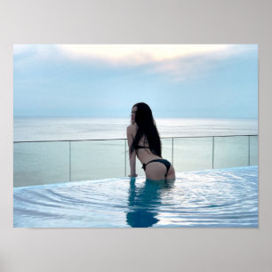 Woman in Black Bikini at Infinity Pool Ocean View Poster
