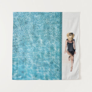 Woman in black bikini bottom and white sun hat sta tapestry