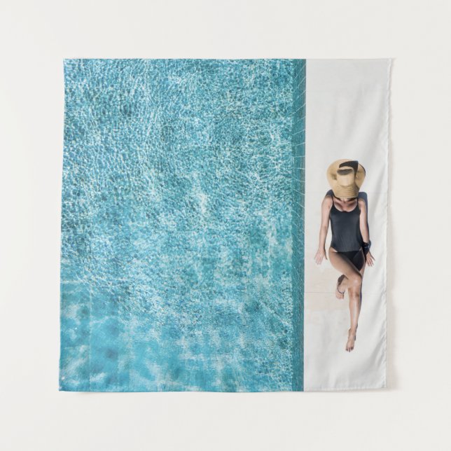 Woman in black bikini bottom and white sun hat sta tapestry (Front)