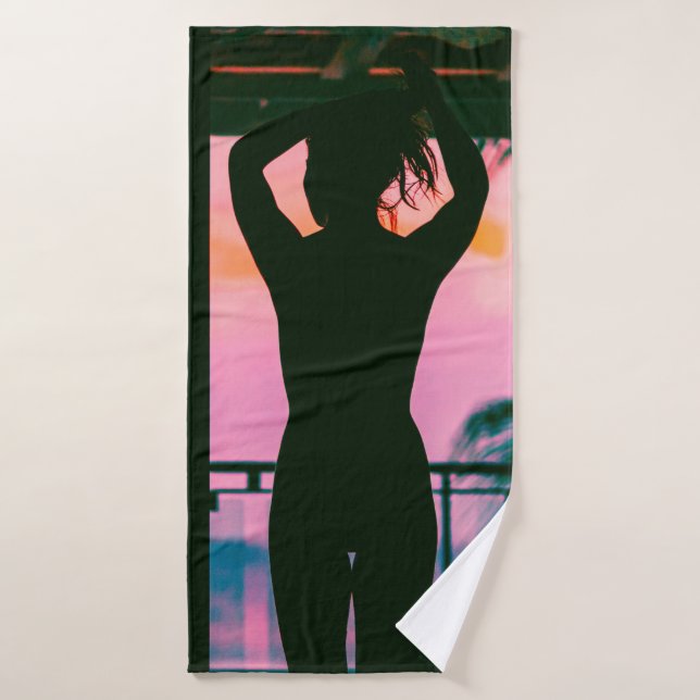 Woman in black tank top and pants standing on blac bath towel (Bath Towel)