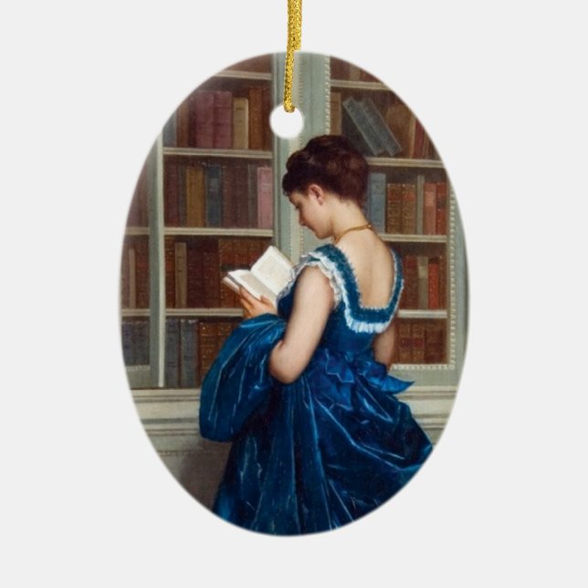 Woman in Blue, reading a Book Ceramic Ornament (Front)