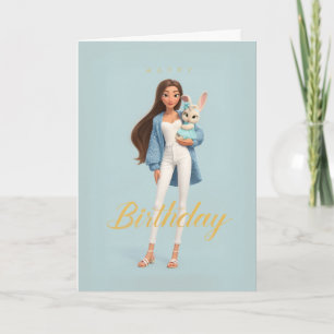 Woman in Blue & White w/ Cute Bunny Bday Card
