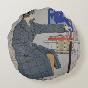 Woman in Cafe with Umbrella Vintage Painting Round Pillow