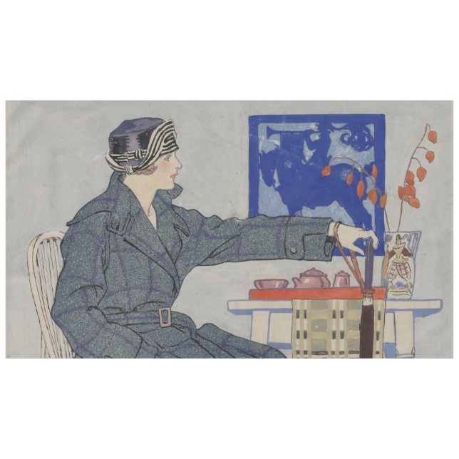 Woman in Cafe with Umbrella Vintage Painting Tablecloth (Front (Horizontal))