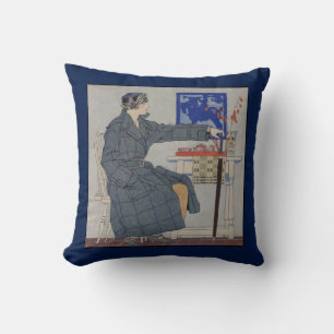 Woman in Cafe with Umbrella Vintage Painting Throw Pillow