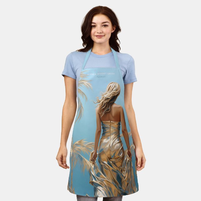 Woman in Champaigne colour dress blue aesthetic Apron (Worn)