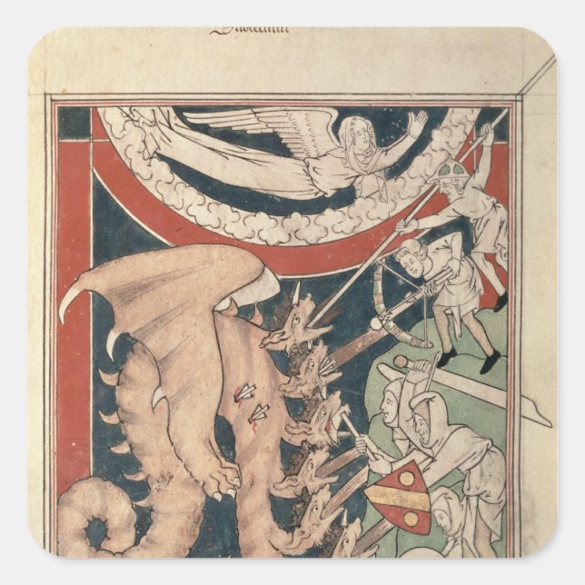 Woman in cloud above five men fighting square sticker (Front)