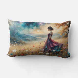 Woman in colorful gown on hill of flowers lumbar pillow