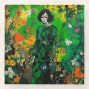 woman in colourful field  glass coaster