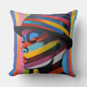 Woman in Colourful Hat 3 Striking silhouette Throw Pillow