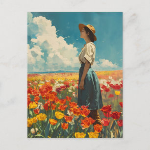 Woman in Colourful Tulip Field Vintage Postcard