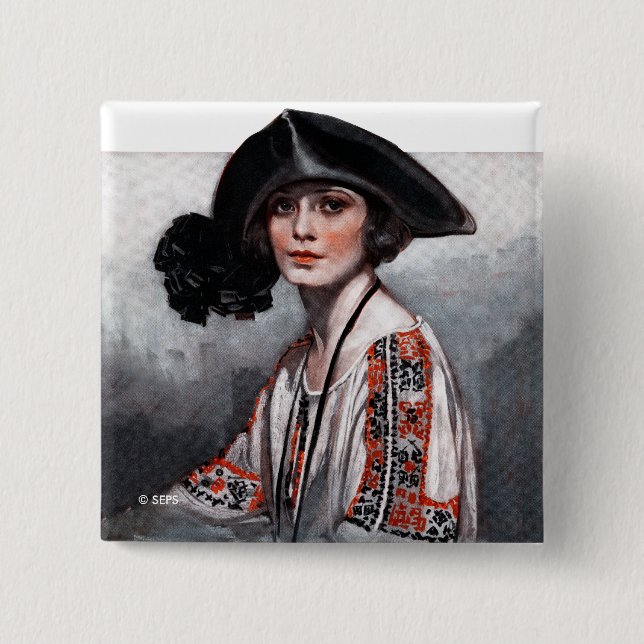 Woman in Embroidered Blouse 2 Inch Square Button (Front)