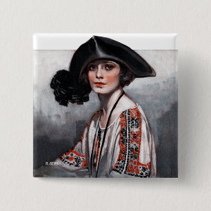 Woman in Embroidered Blouse 2 Inch Square Button