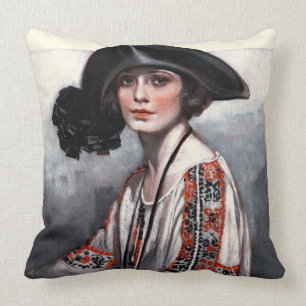 Woman in Embroidered Blouse Throw Pillow
