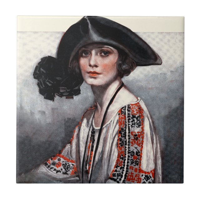 Woman in Embroidered Blouse Tile (Front)
