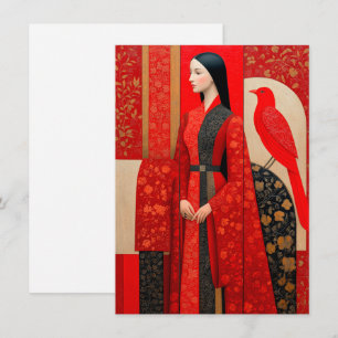 Woman in flowered red floral dress & a red bird